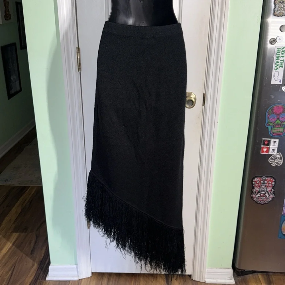 Brenda French for French Rags Black Vintage Asymmetrical Fringe Skirt Size Med